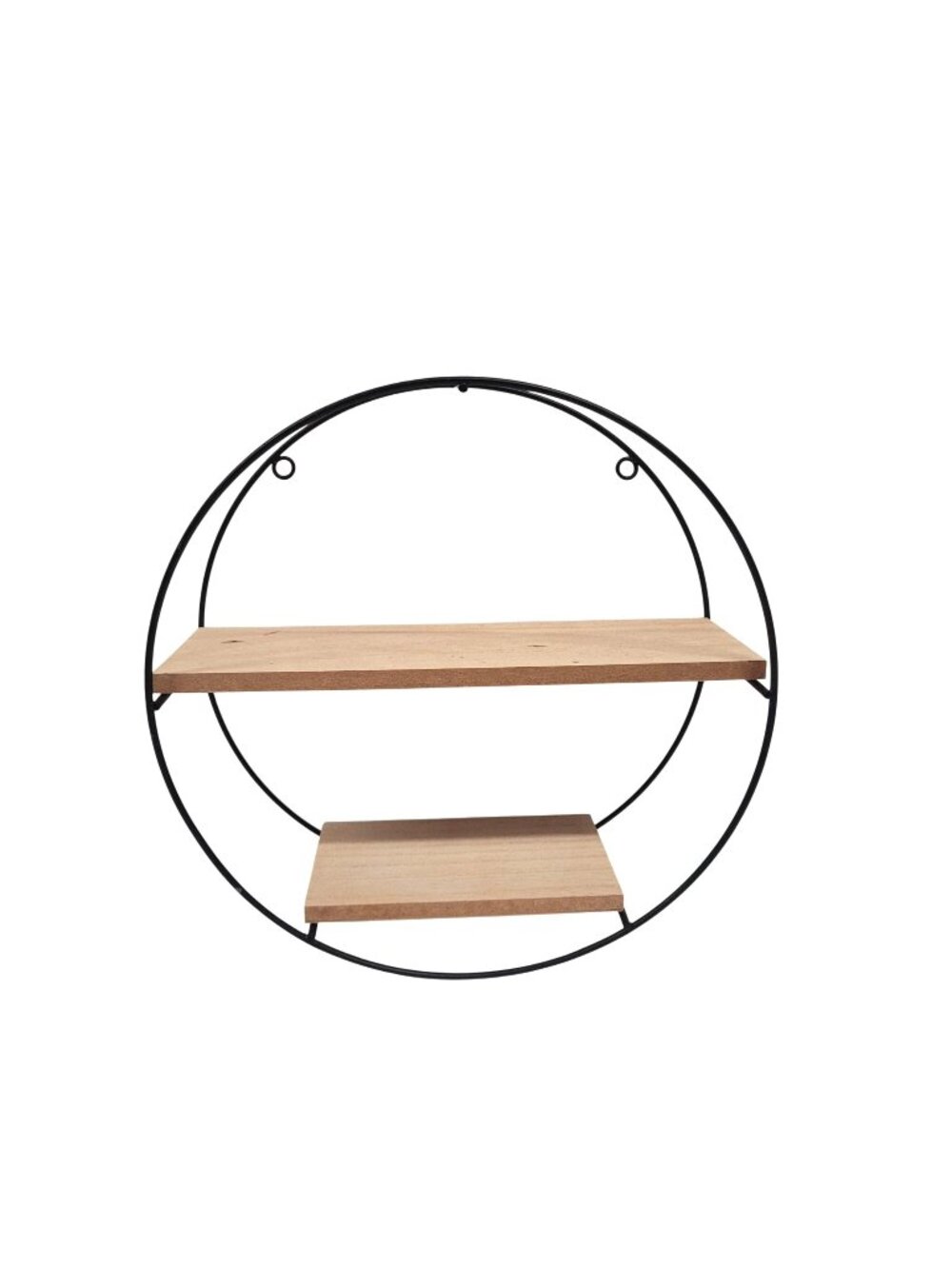 Round Black Metal Framed 2 Wood Shelf Contemporary Decorative 9 5/8'' Hanging